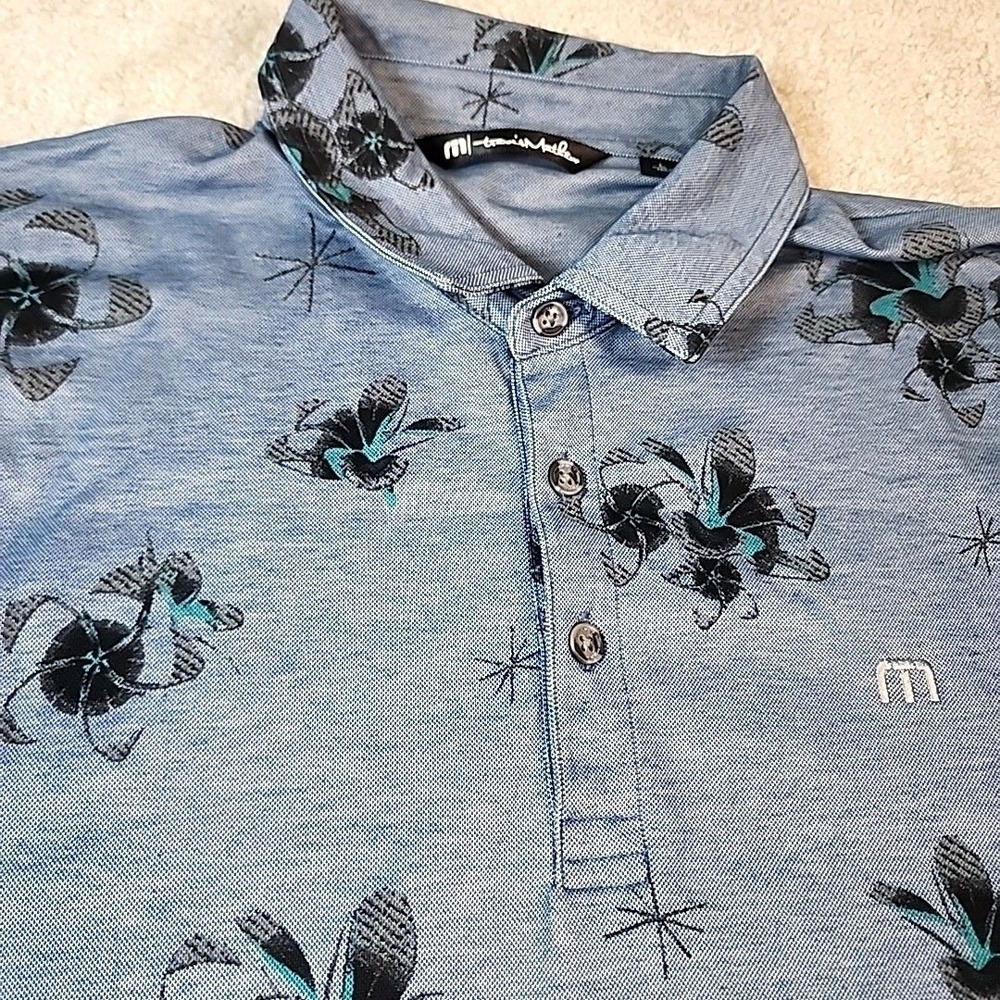 TravisMathew Polo Shirt Size L Floral Print Pima Cotton Blend Casual Blue Grey